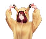  1girl arms_up artist_name asian bangs breasts closed_mouth commentary cosplay english_commentary gen_1_pokemon hood hood_up kigurumi long_sleeves looking_at_viewer medium_hair momotsuki_nashiko nose nostrils ony_saputra pikachu pikachu_(cosplay) pokemon puffy_long_sleeves puffy_sleeves real_life red_eyes red_hair simple_background solo upper_body white_background 