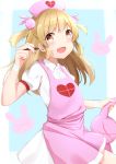  1girl absurdres apron bandaged_wrist blonde_hair blue_background border brown_eyes bunny bunny_hair_ornament dress ear_grab fang fingernails hair_ornament hand_up hat heart highres holding holding_stylus hozuka long_hair looking_at_viewer nail_polish natori_sana nurse_cap open_mouth red_nails sana_channel sidelocks simple_background solo stuffed_animal stuffed_toy stylus two_side_up upper_body virtual_youtuber white_border white_dress 