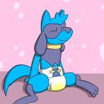  1:1 ambiguous_gender anthro baby_pok&eacute;mon black_body black_fur blue_body blue_fur bodily_fluids canid canine diaper fluffy fluffy_tail fur genital_fluids mammal nintendo omorashi padding paws peeing pink_wall pok&eacute;mon pok&eacute;mon_(species) relaxing relief relieve relieved riolu ritzcat solo urine video_games wet_diaper wetting wetting_diaper 