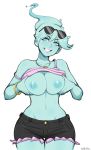  2019 afrobull blue_body bottomwear breasts clothed clothing clothing_lift cutoffs denim denim_clothing eyewear eyewear_on_head female ghost hi_res holding_breast humanoid lipstick makeup monster_prom nipples not_furry polly_geist_(monster_prom) shirt shirt_lift shorts simple_background solo spirit sunglasses sunglasses_on_head topwear white_background 
