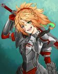  1girl armor blonde_hair blush braid clarent cowboy_shot crown_braid fate/grand_order fate_(series) french_braid gillian green_eyes highres looking_at_viewer mordred_(fate) mordred_(fate)_(all) open_mouth over_shoulder ponytail sharp_teeth short_hair smile solo teeth tongue weapon weapon_over_shoulder 