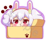  1girl :o absurdres animal_ears azur_lane bangs big_head bottle box bunny_ears cardboard_box chibi eyebrows_visible_through_hair fake_animal_ears hair_between_eyes hairband hand_up highres in_box in_container kurukurumagical laffey_(azur_lane) outline parted_lips purple_outline red_eyes red_hairband sample sidelocks silver_hair solo twintails watermark white_background 