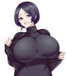 1girl black_jacket black_shirt black_sweater blue_eyes breasts camui_kamui earrings highres huge_breasts jacket jewelry looking_at_viewer mature original removing_jacket shirt short_hair smile sweater turtleneck turtleneck_sweater upper_body white_background wringing_clothes 