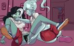  &lt;3 16:10 2019 blue_body butt clothed clothing clothing_aside covering covering_mouth female female/female fingering genitals ghost gym_shorts hi_res humanoid jonathanpt monster_prom not_furry panties panties_aside pants_down partially_clothed patchwork_creature polly_geist_(monster_prom) pussy spirit underwear underwear_aside vicky_schmidt_(monster_prom) widescreen 