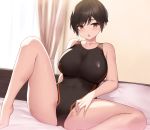  1girl absurdres bed black_hair black_swimsuit breasts brown_eyes cccpo chestnut_mouth cleavage collarbone competition_swimsuit covered_nipples curtains highleg highleg_swimsuit highres one-piece_swimsuit original short_hair sitting solo spread_legs swimsuit thick_eyebrows window 