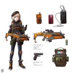  1girl assault_rifle backpack bag bangs black_jacket blunt_bangs english_commentary explosive flat_chest fn_scar glock_19 grenade gun handgun highres holding holding_gun holding_weapon jacket knee_pads looking_at_viewer multicolored_hair orange_hair original peyton_gee phone pistol rifle short_hair streaked_hair walkie-talkie weapon white_background white_hair 