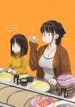  ... 2girls black_hair breasts chewing cleavage commentary_request conveyor_belt_sushi counter cup dish earrings eating eyebrows_visible_through_hair fish food hair_ribbon highres jacket jewelry jun_(seojh1029) looking_at_another multiple_girls necklace nigirizushi original plate plate_stack ponytail ribbon rice sitting soy_sauce spoken_ellipsis sushi sweater tea teacup 