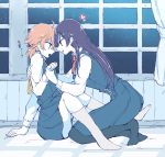  2girls couple embarrassed eye_contact happy heart highres holding_hands koito_yuu looking_at_another multiple_girls nanami_touko night night_sky open_mouth orange_hair purple_hair school_uniform sikyo69 silver_eyes sky smile star_(sky) starry_sky sweatdrop thighs translation_request uniform window yagate_kimi_ni_naru yellow_eyes yuri 