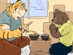  2006 4:3 anthro bottomwear brown_body brown_fur canid canine canis clothing domestic_dog felid food fur himachi inside kemono low_res male mammal pantherine pants shirt sitting tiger topwear 