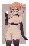  1girl breasts brown_eyes cellphone elbow_gloves glasses gloves highres jewelry lace lamb-oic029 looking_at_viewer navel necklace nipples orange_hair original phone pubic_hair pussy red-framed_eyewear smartphone smile thighhighs twintails 