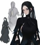  1girl black_dress black_gloves black_hair blue_eyes breasts capelet dress gloves large_breasts lips long_dress long_hair long_ponytail multiple_views nat_the_lich original ponytail sidelocks simple_background white_background 