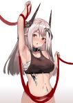  1girl arknights arm_up armpits bandages bangs bare_arms bare_shoulders black_collar blush collar commentary crop_top cundang gradient gradient_background grey_background hand_up head_tilt highres horns long_hair mudrock_(arknights) navel oripathy_lesion_(arknights) parted_lips pointy_ears red_eyes red_ribbon ribbon sarashi silver_hair solo sports_bra stomach sweat upper_body white_background 