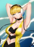  1girl armpits arms_up bangs bare_shoulders black_choker blonde_hair blue_eyes breasts choker collarbone easonx electricity elesa_(pokemon) eyebrows_visible_through_hair gradient gradient_background headphones highres large_breasts looking_at_viewer navel pokemon short_hair solo underboob 