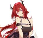  1girl arknights armband bangs bare_shoulders belt black_belt black_dress breasts cleavage commentary dress highres horns long_hair looking_to_the_side medium_breasts purple_eyes red_hair simple_background sirius_enjoliao solo surtr_(arknights) upper_body very_long_hair white_background 