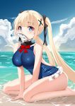  1girl absurdres azur_lane backless_swimsuit bangs bare_arms bare_legs bare_shoulders barefoot black_ribbon blonde_hair blue_eyes blue_sky blue_swimsuit blunt_bangs blush bow bowtie breasts casual_one-piece_swimsuit cat_(yidsv) cloud day eyebrows_visible_through_hair fish frilled_swimsuit frills hair_ornament hair_ribbon highres horizon huge_filesize kneeling large_breasts leaning_forward long_hair looking_at_viewer marie_rose medium_breasts mouth_hold ocean one-piece_swimsuit outdoors red_bow red_neckwear ribbon sky solo swimsuit twintails very_long_hair water x_hair_ornament 