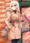  1girl absurdres barrette black_legwear black_sweater brown_coat city closed_mouth coat eyebrows_visible_through_hair girls_frontline grey_eyes hand_in_pocket highres holding_case long_hair looking_away muteppona_hito pantyhose silver_hair solo standing svd_(girls_frontline) sweater turtleneck weapon_case 