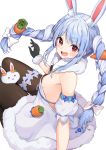  1girl :d absurdres animal_ear_fluff animal_ears bangs black_gloves black_leotard blue_hair blush bow braid breasts brown_legwear bunny_ears carrot_hair_ornament commentary_request detached_sleeves don-chan_(usada_pekora) dress eyebrows_visible_through_hair food_themed_hair_ornament fur-trimmed_dress fur-trimmed_gloves fur_trim gloves hair_bow hair_ornament highres hololive leotard long_hair looking_at_viewer looking_back multicolored_hair open_mouth pantyhose puffy_short_sleeves puffy_sleeves racchi. red_eyes short_eyebrows short_sleeves simple_background small_breasts smile strapless strapless_dress strapless_leotard thick_eyebrows twin_braids twintails two-tone_hair usada_pekora very_long_hair virtual_youtuber white_background white_bow white_dress white_hair white_sleeves 