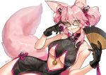  1girl adjusting_eyewear alternate_hairstyle animal_ears bangs bare_arms bare_legs bare_shoulders black_gloves bow breasts china_dress chinese_clothes commentary double_bun dress fan fate/grand_order fate_(series) fox_ears fox_tail g0ringo glasses gloves hair_bow hair_ornament hair_up holding holding_fan koyanskaya large_breasts looking_at_viewer lying midriff midriff_cutout on_side pink_bow pink_hair shiny shiny_hair side_bun sidelocks sleeveless sleeveless_dress smile solo tail twitter_username underboob yellow_eyes 