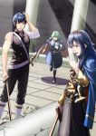  1girl 2boys alternate_costume chrom_(fire_emblem) father_and_daughter fire_emblem fire_emblem:_three_houses fire_emblem_awakening garreg_mach_monastery_uniform highres holding_head lucina_(fire_emblem) multiple_boys running seteth_(fire_emblem) sukkirito_(rangusan) surprised sword tiara weapon wooden_sword 