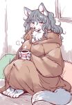  2020 anthro beverage blush breasts canid canine canis clothed clothing coffee cup female fur grey_body grey_fur half-closed_eyes holding_cup holding_object kemono mammal narrowed_eyes robe setouchi_kurage sitting solo wolf 