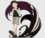  1boy black_eyes black_hair darkness eyes from_below fullmetal_alchemist male_focus open_mouth pride_(fma) selim_bradley shadow shima_(landsuzume) shirt short_hair shorts simple_background smile socks solo spoilers teeth tongue walking white_background white_shirt 