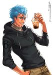  1boy absurdres artist_name black_hoodie bleach blue_eyes blue_hair brown_pants bubble_tea character_name contemporary cup disposable_cup drinking_straw eyeshadow grimmjow_jaegerjaquez hair_between_eyes hand_in_pocket highres holding holding_cup hood hood_down hoodie makeup male_focus p-pigling pants smirk solo spiked_hair white_background 