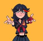  black_hair blush highlights incoming_hug kill_la_kill looking_at_viewer matoi_ryuuko meme midriff multicolored_hair my_little_pogchamp_(meme) peargor pleated_skirt red_hair school_uniform senketsu serafuku short_hair simple_background skirt streaked_hair suspenders yellow_background 