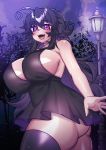  1girl absurdres ahoge ass black_dress breasts curvy dress highres huge_breasts lamppost light long_hair night night_sky nyarla_(osiimi) open_mouth original osiimi purple_eyes purple_hair sky smile star_(sky) starry_sky thick_thighs thighhighs thighs tongue tree 