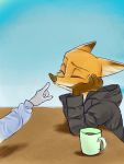  2020 3:4 anthro arm_support blue_background canid canine clothed clothing coat cup dipstick_ears disembodied_hand disney duo eyes_closed fox fur head_on_hand leaning_on_elbow mammal moromorowephi multicolored_ears nick_wilde orange_body orange_fur red_fox simple_background solo_focus topwear zootopia 