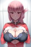  1girl :o absurdres against_wall bangs black_bra blush bra braid breasts cleavage commentary_request eyebrows_visible_through_hair fate/grand_order fate_(series) florence_nightingale_(fate/grand_order) gloves hands_on_own_chest highres jacket large_breasts lomocya long_hair long_sleeves looking_at_viewer military_jacket open_clothes open_jacket open_mouth paizuri_invitation red_eyes red_jacket sidelocks single_braid solo sweat tile_wall tiles underwear upper_body white_gloves 