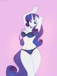  5_fingers anthro anthrofied blue_eyes bra breasts clothed clothing equid equine female fingers friendship_is_magic hair hasbro hi_res horn mammal margony midriff my_little_pony pink_background purple_hair rarity_(mlp) simple_background smile solo standing underwear unicorn wide_hips 