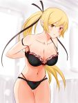  1girl bare_shoulders black_bra black_legwear blonde_hair bow bow_panties bra breasts brown_eyes collarbone commentary hair_ribbon highres kiss-shot_acerola-orion_heart-under-blade kizumonogatari lace-trimmed_bra lace_trim long_hair looking_at_viewer midriff monogatari_(series) navel panties parted_lips pointy_ears ponytail ribbon solo thigh_gap thighs underwear very_long_hair viperxtr 