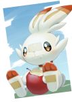  :t apple bandaid bandaid_on_nose bitten_apple blush brown_eyes closed_mouth commentary_request eating food food_on_face fruit gen_8_pokemon highres holding holding_food holding_fruit no_humans paws pokemon pokemon_(creature) purobe scorbunny sitting solo toes 