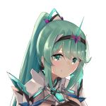  1girl bangs chest_jewel earrings green_eyes green_hair highres jewelry light_blush long_hair long_ponytail pneuma_(xenoblade) ponytail portrait sarasadou_dan simple_background solo swept_bangs tiara white_background xenoblade_chronicles_(series) xenoblade_chronicles_2 