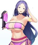  1girl armlet bangs bare_shoulders bikini breasts choker cleavage collarbone eyepatch_bikini fate/grand_order fate_(series) highres large_breasts long_hair looking_at_viewer low-tied_long_hair minamoto_no_raikou_(fate/grand_order) minamoto_no_raikou_(swimsuit_lancer)_(fate) open_mouth parted_bangs pouch purple_bikini purple_eyes purple_hair rope seino_(sasakike1305) smile swimsuit thighs very_long_hair 