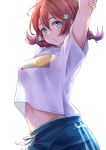  1girl aqua_eyes arms_up bangs blue_shorts blush braid breasts brown_hair clover_hair_ornament commentary_request cowboy_shot emma_verde four-leaf_clover_hair_ornament hair_ornament highres kanabun large_breasts long_hair looking_at_viewer love_live! love_live!_nijigasaki_high_school_idol_club midriff_peek navel parted_lips see-through_silhouette shirt short_sleeves shorts solo stretch twin_braids white_shirt 