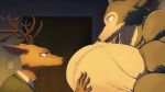  angry_eyes anthro antlers beastars big_muscles breasts canid canine canis cervid clothing duo edit hand_on_breast hi_res horn huge_muscles hyper hyper_muscles intimate intimidation legoshi_(beastars) looking_at_another louis_(beastars) male male/male mammal muscular rompinpomps size_difference surprise wolf 