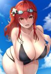  1girl absurdres azur_lane bikini black_bikini blush breasts cleavage collarbone from_below g3_(g310b3) goggles goggles_on_head hand_up highres huge_breasts looking_at_viewer one_side_up open_mouth red_hair sky solo strap_lift string_bikini swimsuit yellow_eyes zara_(azur_lane) zara_(poolside_coincidence)_(azur_lane) 