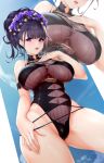  1girl artist_name bangs black_hair black_swimsuit blunt_bangs blush breasts covered_navel eyebrows_visible_through_hair fate/grand_order fate_(series) flower hair_flower hair_ornament hair_up highleg highleg_swimsuit highres large_breasts long_hair looking_at_viewer murasaki_shikibu_(fate) murasaki_shikibu_(swimsuit_rider)_(fate) one-piece_swimsuit open_mouth projected_inset purple_eyes signature solo swimsuit swimsuit_pull tied_hair toyoman 