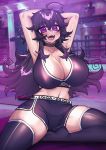  1girl ahoge arms_behind_head black_shorts black_tank_top blush breasts cleavage curvy exercise eyebrows eyebrows_visible_through_hair fangs highres huge_breasts long_hair looking_at_viewer nyarla_(osiimi) original osiimi purple_background purple_eyes purple_hair shorts smile stretch tank_top teeth thick_thighs thighhighs thighs 