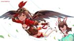  1girl :d amber_(genshin_impact) arm_up bangs baron_bunny boots breasts brown_gloves brown_hair brown_shorts brown_wings cleavage commentary_request eyebrows_visible_through_hair feathered_wings flying genshin_impact gloves goggles goggles_on_head hair_between_eyes hair_ribbon hairband high_heel_boots high_heels hood hood_down liclac long_hair long_sleeves o_o open_mouth red_hairband red_ribbon ribbon salute short_shorts shorts shrug_(clothing) small_breasts smile thigh_boots thighhighs very_long_hair watermark web_address white_background white_footwear white_legwear wings yellow_eyes 
