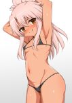  1girl armpits arms_behind_head arms_up bangs bikini black_bikini blush breasts brown_eyes chloe_von_einzbern collarbone dark_skin dark_skinned_female fate/kaleid_liner_prisma_illya fate_(series) half_updo licking_lips long_hair looking_at_viewer micro_bikini navel pink_hair small_breasts smile swimsuit tongue tongue_out toshishikisai 