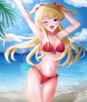  1girl beach bikini blonde_hair blue_sky breasts cloud commentary_request cowboy_shot day fang green_eyes highres idolmaster idolmaster_cinderella_girls jougasaki_rika lens_flare looking_at_viewer ocean one_eye_closed outdoors red_bikini shuka_(sake_udon) side-tie_bikini sky small_breasts solo sun swimsuit two_side_up 