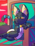  3_toes anthro breasts chair clothing deity domestic_cat ear_piercing egyptian egyptian_cat felid feline felis female furniture half-closed_eyes hi_res jewelry jurassiczalar mammal narrowed_eyes outside piercing princess purrsia red_sky royalty sky solo temple_hunters throne toes toony 