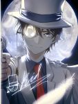  1boy absurdres bangs blue_eyes blue_shirt cape closed_mouth collared_shirt commentary_request feathers full_moon gun hair_between_eyes handgun hat highres holding jacket junkt729 kaitou_kid long_sleeves looking_at_viewer magic_kaito male_focus monocle moon necktie night red_neckwear revolver shirt short_hair smile solo top_hat upper_body weapon white_cape white_headwear white_jacket 