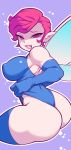  1girl ass bare_shoulders blue_legwear blue_leotard breasts commentary_request covered_nipples curvy elbow_gloves fang gloves highres huge_ass large_breasts leotard noise_(lesion949) pixie_(megami_tensei) pointy_ears purple_background red_hair shin_megami_tensei short_hair simple_background smug solo thick_thighs thighhighs thighs wings 