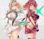  2girls armor blonde_hair blush breasts chest_jewel cleavage commentary_request covered_navel dress earrings elbow_gloves fingerless_gloves gloves hinot jewelry large_breasts long_hair looking_at_viewer multiple_girls mythra_(xenoblade) pyra_(xenoblade) red_eyes red_hair short_hair short_shorts shorts side_slit smile thigh_strap thighs tiara xenoblade_chronicles_(series) xenoblade_chronicles_2 yellow_eyes 