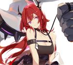  1girl arknights armband bangs bare_shoulders belt black_belt black_dress breasts cleavage commentary dress highres horns leash long_hair looking_to_the_side medium_breasts purple_eyes red_hair simple_background sirius_enjoliao solo surtr_(arknights) upper_body very_long_hair white_background 