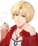  1boy absurdres artist_name bangs blonde_hair collarbone commentary_request eyebrows_visible_through_hair face fate/apocrypha fate_(series) genderswap genderswap_(ftm) green_eyes grin hands_up highres holding jacket jewelry kirra1808 long_sleeves looking_at_viewer male_focus mordred_(fate) mordred_(fate)_(all) necklace open_clothes open_jacket pendant portrait red_jacket shirt short_hair simple_background smile upper_body white_background 