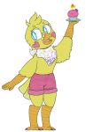  alpha_channel animatronic anthro avian beak bib bird blue_eyes bottomwear chicken claws clothing cupcake feathers female five_nights_at_freddy&#039;s five_nights_at_freddy&#039;s_2 food galliform gallus_(genus) hi_res idswolf machine open_mouth phasianid pink_cheeks robot shorts simple_background solo standing toe_claws toy_chica_(fnaf) transparent_background video_games yellow_body yellow_feathers 